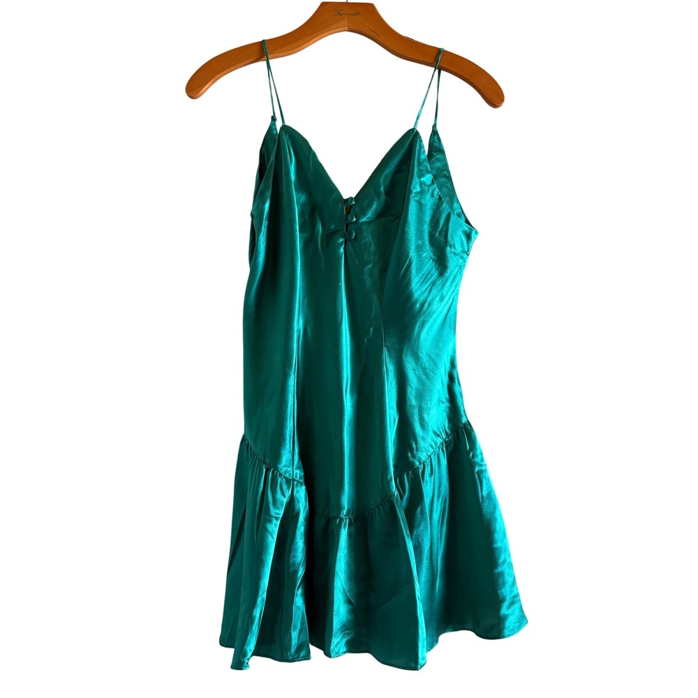 Vintage Fredericks of Hollywood Emerald Green Satin Mini Slip Dress Button Bow M